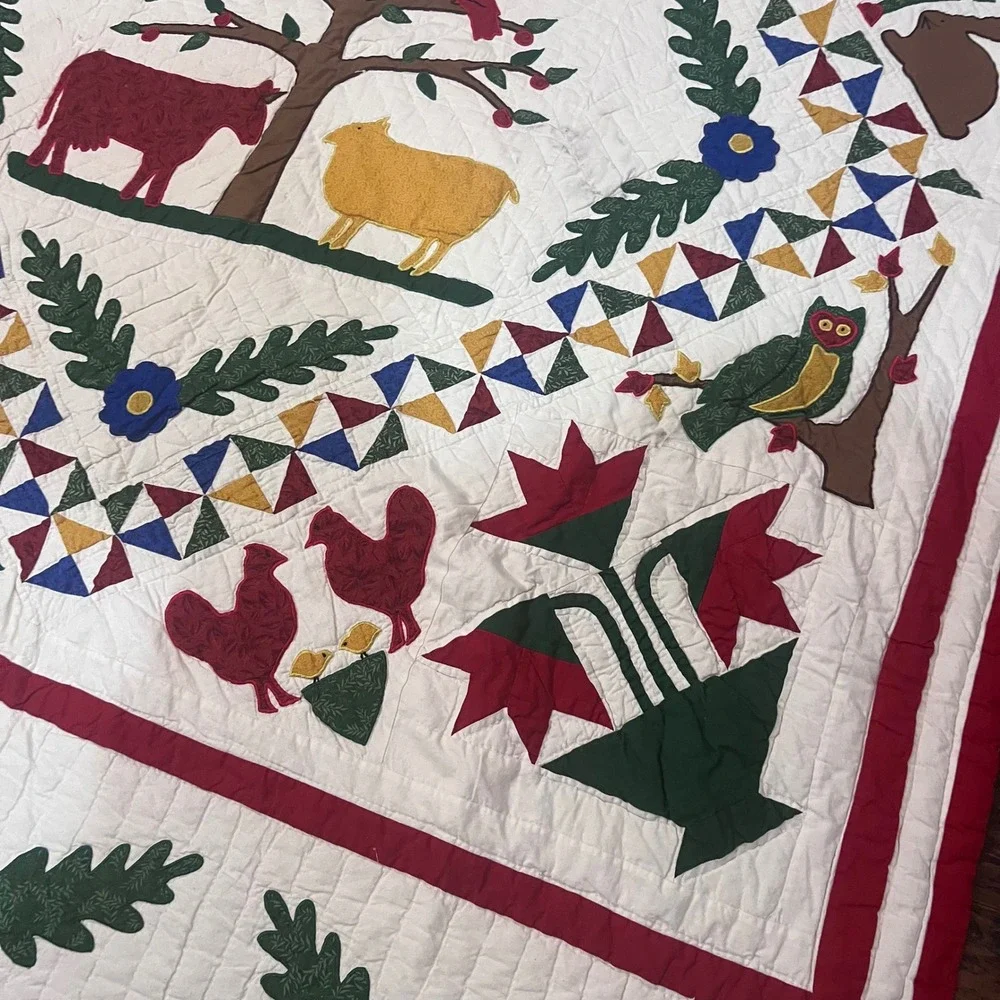 Vtg Handcrafted Baltimore Quilt Kit Folk Art Animal Tree of Life 84x68 Americana